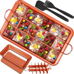 Brownie Pan with Dividers, Brownies Pan with Cutter, Nonstick Brownie Baking Pan with Spatula Brush, Rectangular Cake Pans All Edges Brownie Mold Tray for Baking Bread Cookie Bites Biscuit Muffin, etc (Orange)