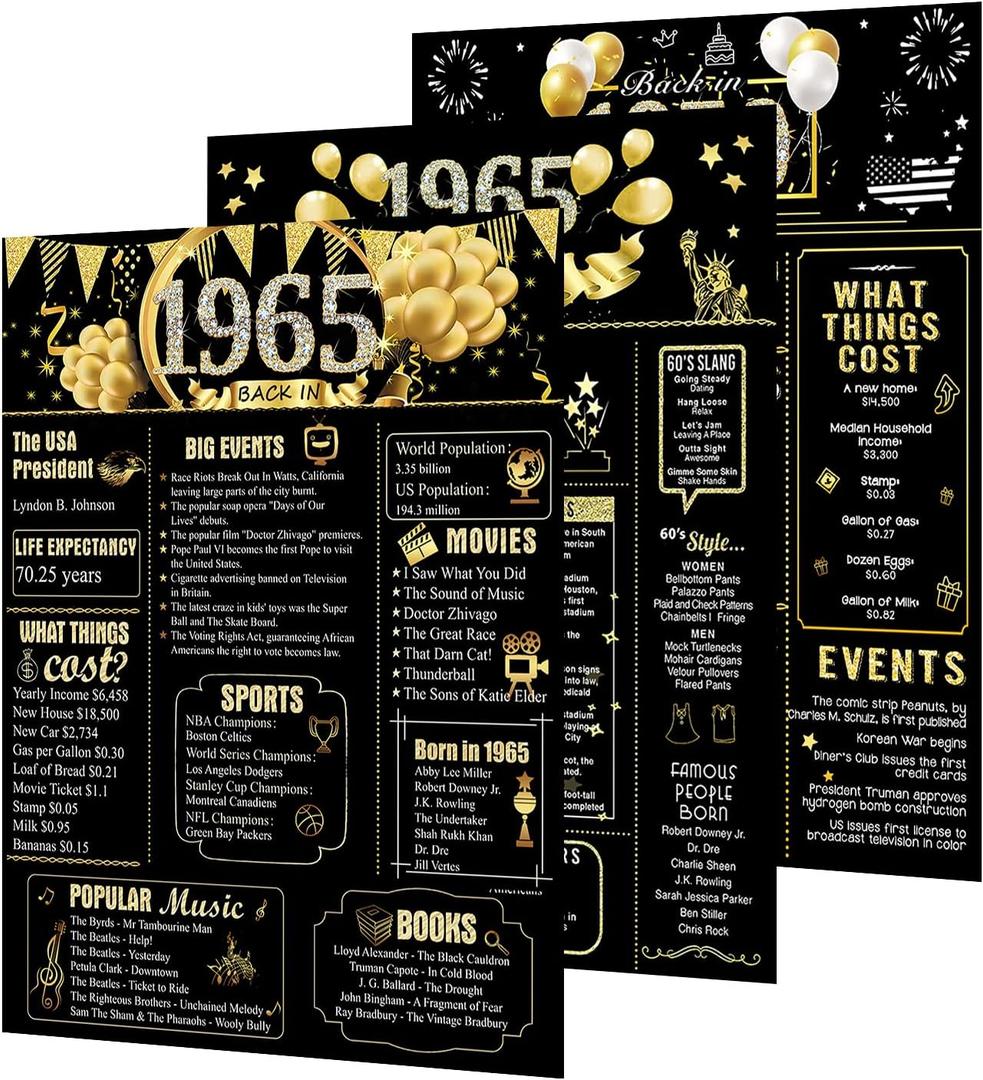 3 x ZZDWLDHA 59th Birthday Decorations for Women or Men, Classy Vintage Table Decor, Birthday Card Poster for Him or Her Turning 59 Years Old, Back in 1965Unframed