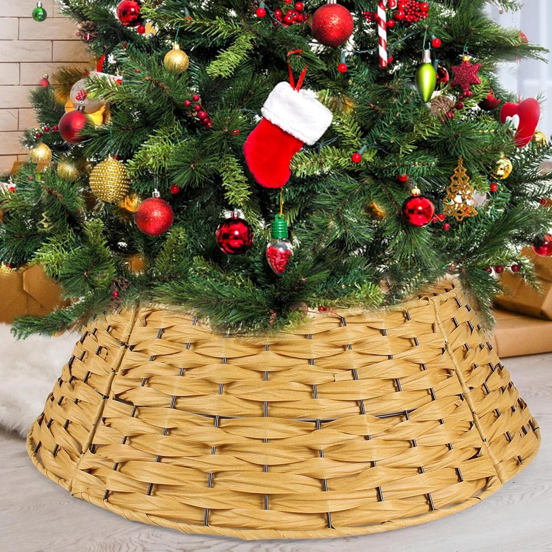 Christmas Tree Collar, 24'' Christmas Tree Collars for Artificial Trees Gold, Woven Wicker Tree Collar, Tree Skirt Collar Christmas Tree Base Cover Christmas Tree Basket Base for Christmas Decoration (23.6inch-Round)