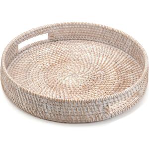 11.8" Round Rattan Tray, Hand Woven Serving Tray with Handles, Wicker Serving Basket, Decorative Tray for Home Decor, Whitewash