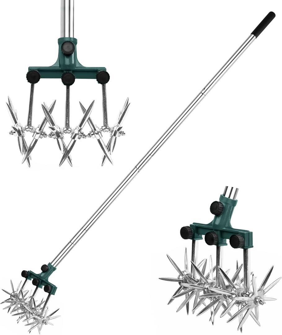 Rotary Cultivator Garden Rotary Tiller Adjustable Stainless Steel Poles Hand Tiller for Soil Mixing or Reseeding Grass Lawn Tiller Total Length 57 Inch (green)