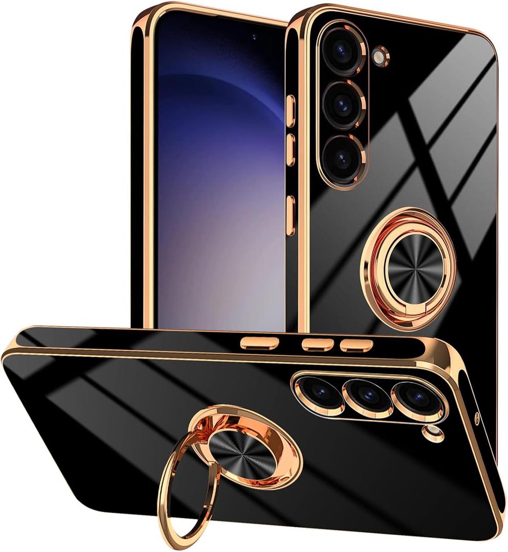 Tnarru Designed for Samsung Galaxy S23 Plus Case with Ring Stand, Support Magnetic Car Mount Rotating Finger Holder Soft TPU Cover Plating Edge Slim Phone Case for Galaxy S23+ Plus Black