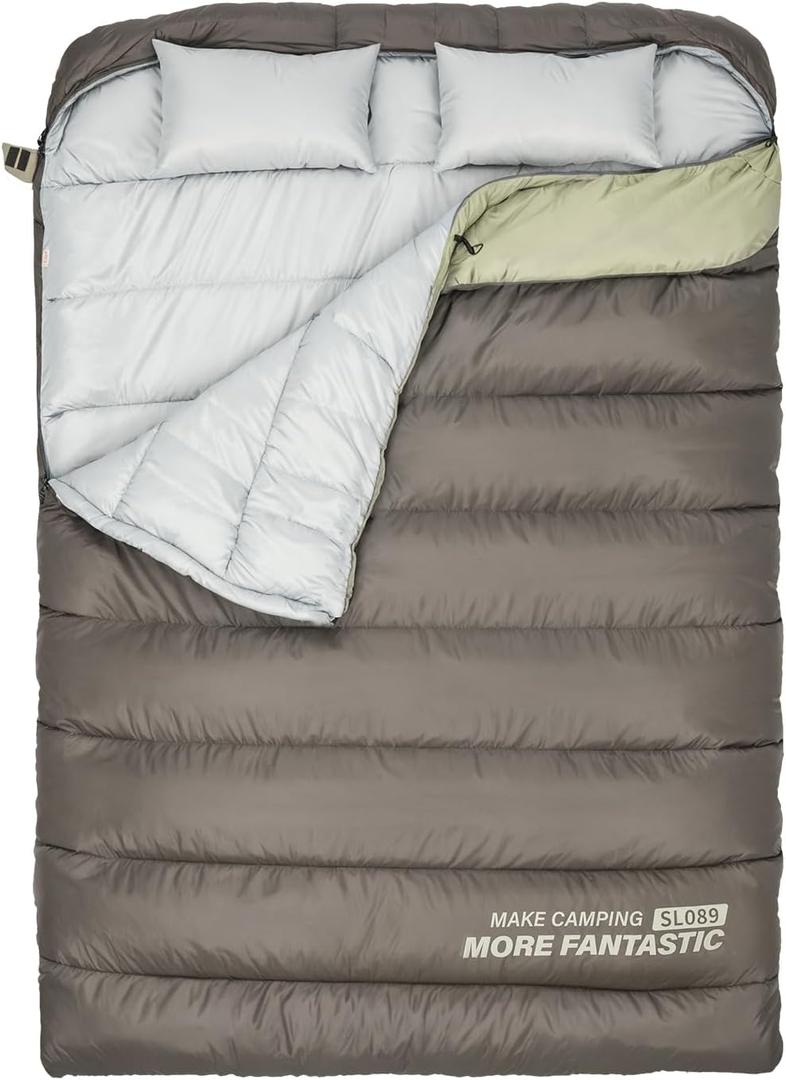 BISINNA Double Sleepinag Bag for Adults Two Person Queen Size Camping Sleeping Bag for All Season Backpacking Hiking Cold Weather with Compression Sack (Green)