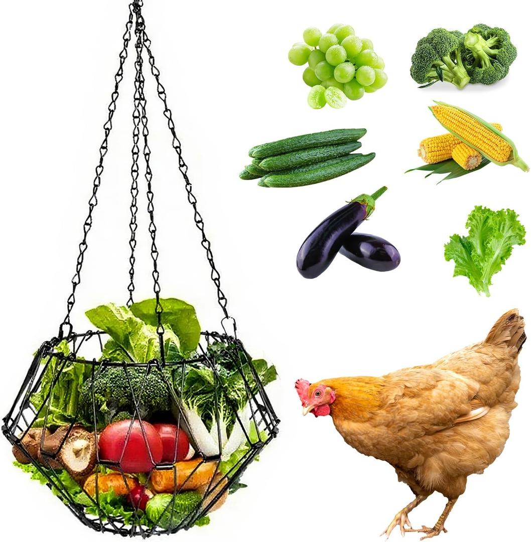 Hanging Chicken Feeder, Foldable Poultry Feeder Basket for Chicken Duck Coop, 1 Pcs (Black)