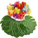 KUUQA 60 Pcs Tropical Party Decoration Supplies 8" Palmtera Hibiscus Leaves and Flowers, Simulation Leaf for Hawaiian Luau Party Jungle Beach Theme Table Decorations