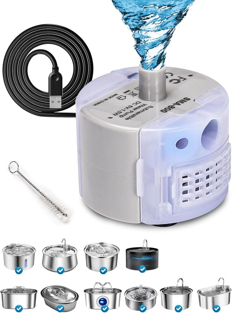 Cat Water Fountain Pump, Replacement Pump for 2L/ 3.2L / 4L Stainless Steel Cat Water Fountain, Ultra Quiet Fountain Pump SMA-800 Submersible Motor with IP68, Low Power Consumption 1.5W and USB Cable