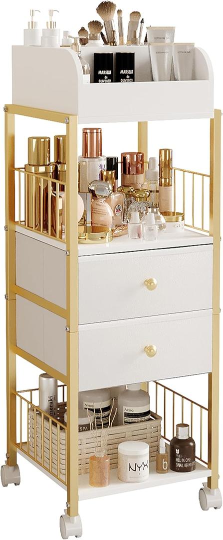 Makeup Organizer Storage Cart, Large Skincare organizers, Makeup Stand with Drawers, Makeup Vanity Organizer Cosmetics Display Cases Holder for Skin Care Nail Polish Perfume Makeup Brush (Gold)