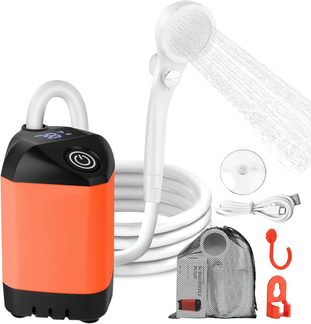 Portable Camping Shower with 7800mAh Battery - 3 Spray Modes, IPX7 Waterproof & Powerful Suction for Indoor, Camping, Beach Travel, RV Life, Pet Bathing, Gardening (Orange)