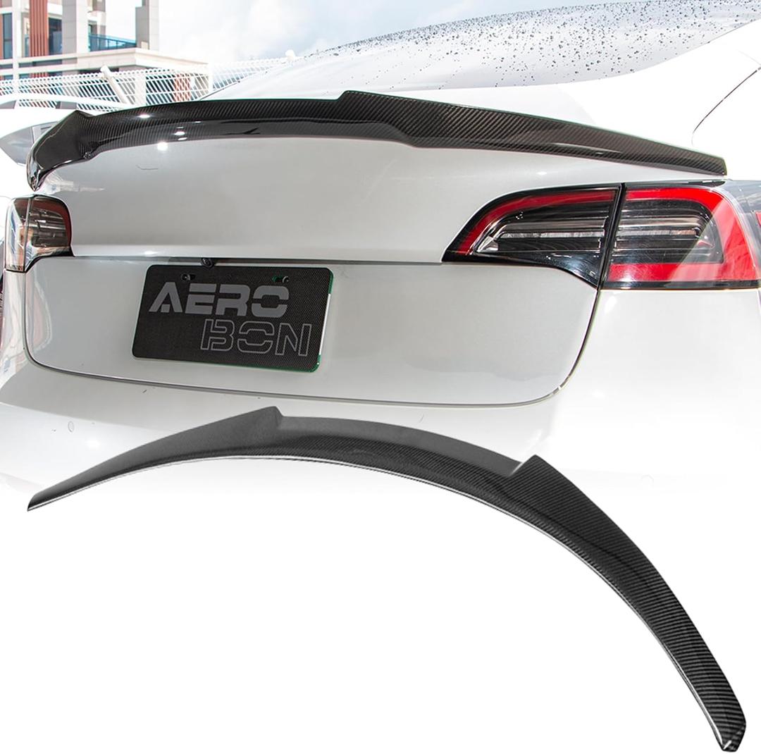 AeroBon Real Carbon Fiber Trunk Spoiler Compatible with 2017-2023 Tesla Model 3 Rear Spoiler (MV Style) Motorsport Version