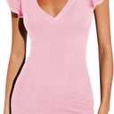 BONITEE Women Sexy Deep V Neck Bodycon Mini Dresses 2026 Summer Ruffle Sleeve Dress Casual Sleeveless Party Short Dresses (Pink, M)