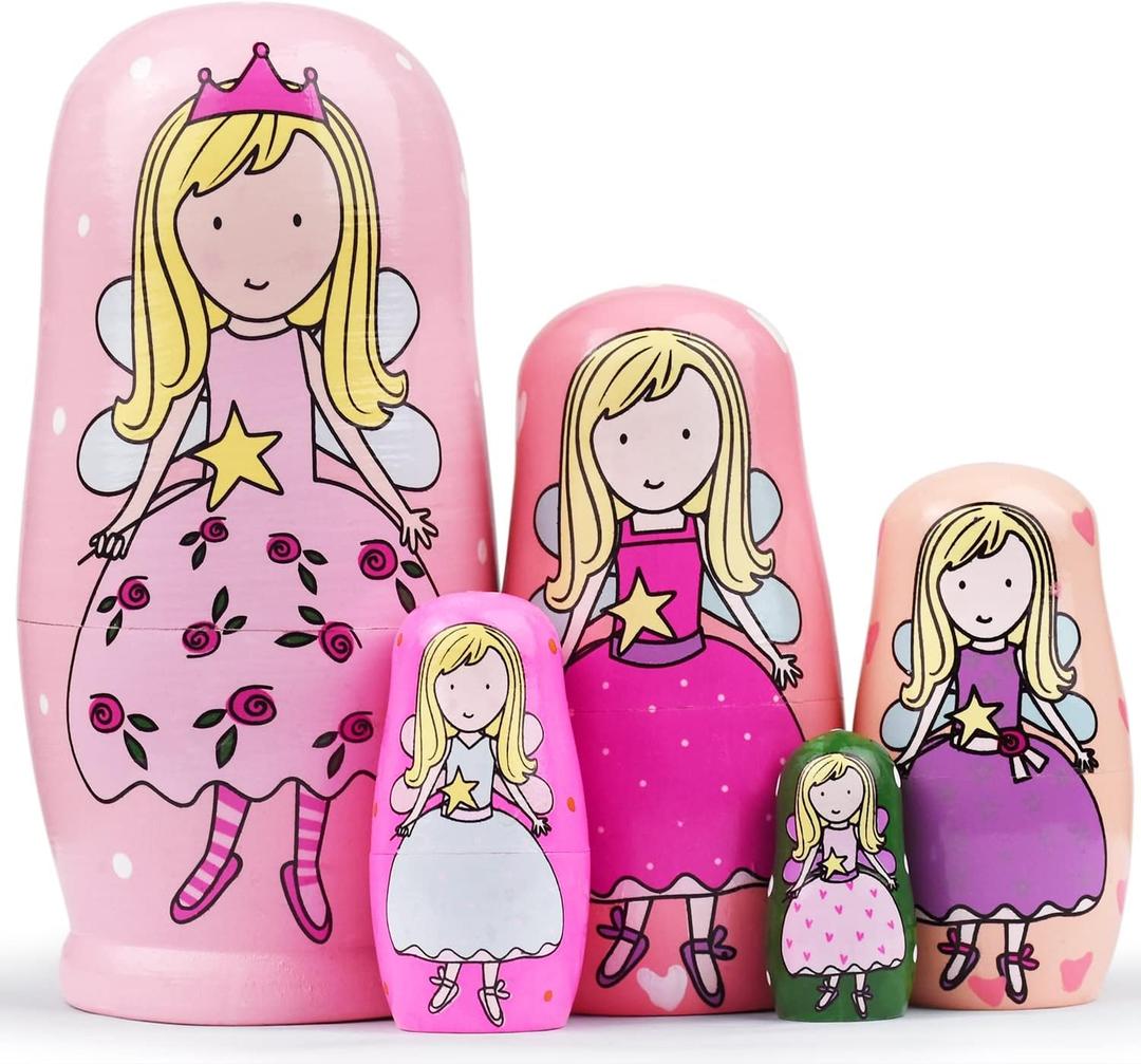 GRPSKCOS Nesting Dolls Valentines Day Gifts for Kids Birthday Cute Angel Girls Stacking Russian Matryoshka Dolls Toys Set of 5(02 Angel)