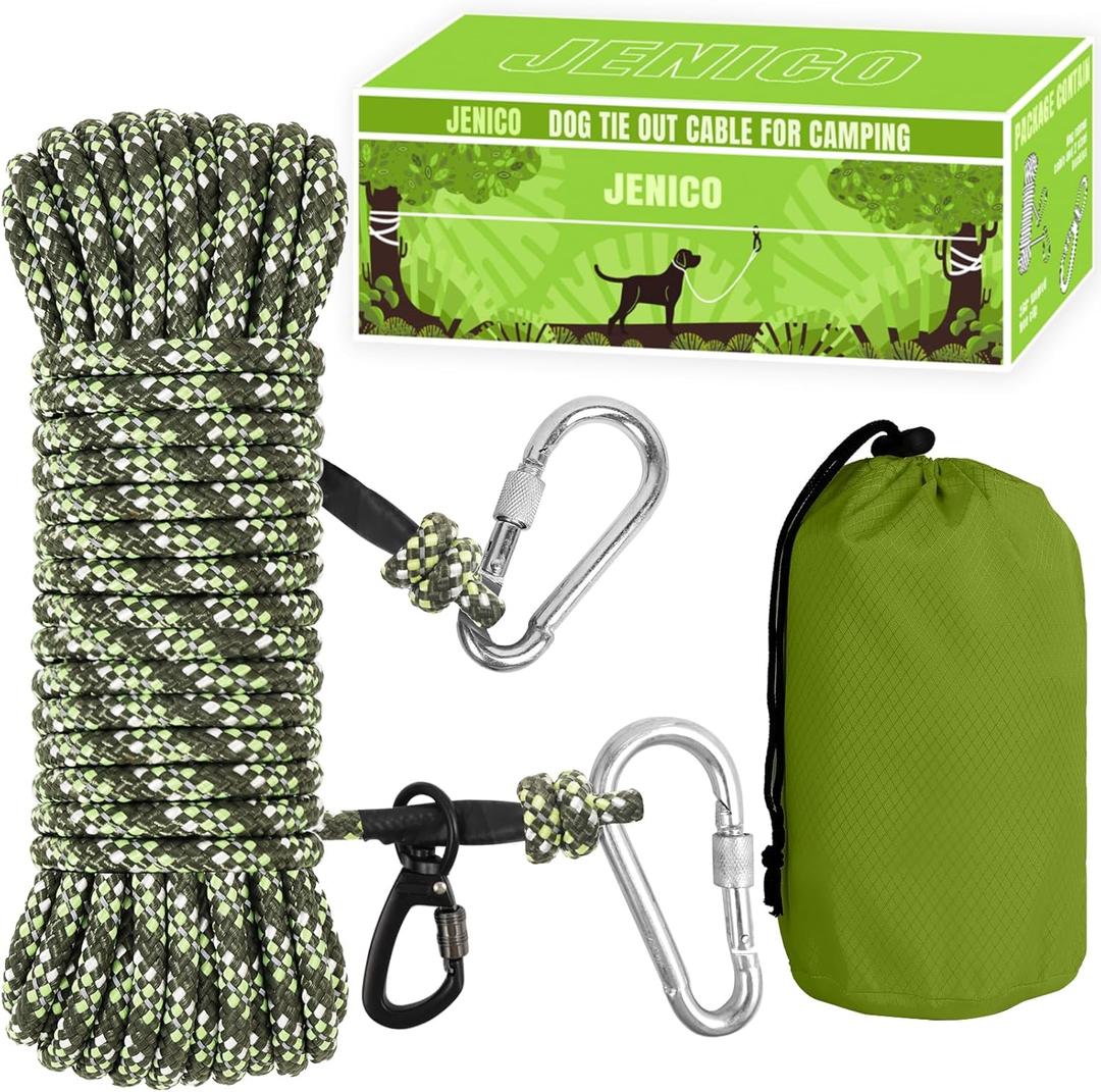 Dog Tie Out Cable for Camping - 100ft Dog Lead Dog Runner for Yard - Portable Trolley System for Large Small Dogs Outside (Olive)