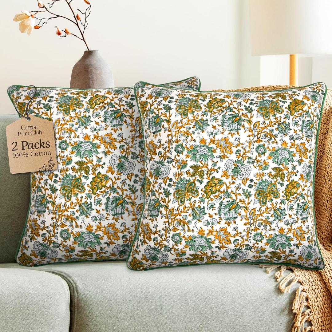 CPC 100% Cotton Throw Pillow Covers 18x18 Inch, Set of 2 Blue Block Print Pattern Couch Pillow, Cute Boho Decorative Pillows for Living Room, Bedroom with Hidden Zipper- Harvest Bloom
