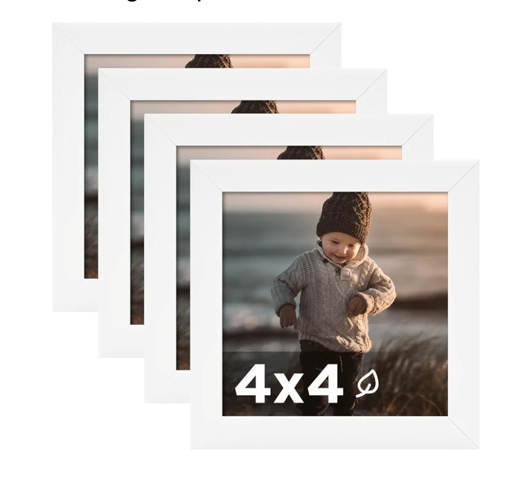KINLINK 4x4 Picture Frame White Set of 4, Wooden Square Photo Frames with Plexiglass for 4x4 without Mat for Table and Wall Display