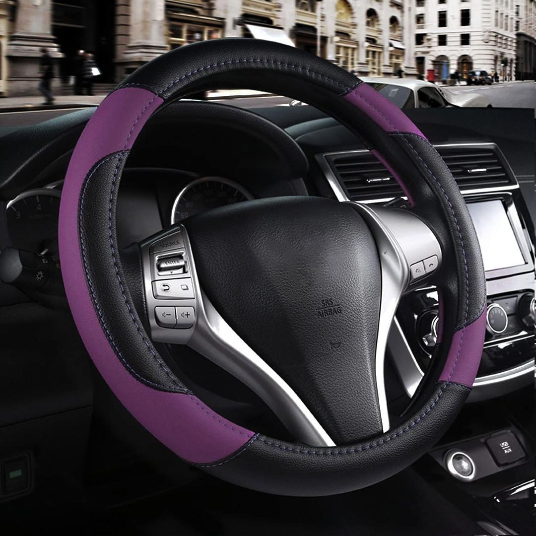 Leather Car Steering Wheel Cover, Non-Slip Car Wheel Cover Protector Breathable Microfiber Leather Universal Fit for Most Cars (Purple-2)