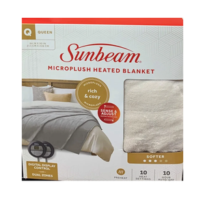 Sunbeam Microplush Queen Electric Heated Blanket with Preheat Feature Two Digital Controller 10-Heat Settings Auto Shut-Off, UL Certified for Safety, Ivory Beige