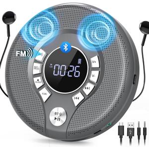 Greadio Portable CD Player with Bluetooth, FM Transmitter for Car Home Use, Rechargeable Discman CD Player with Headphones & Speakers, Anti-Skip, Personal Small Music Player, USB/AUX/LCD (Grey)