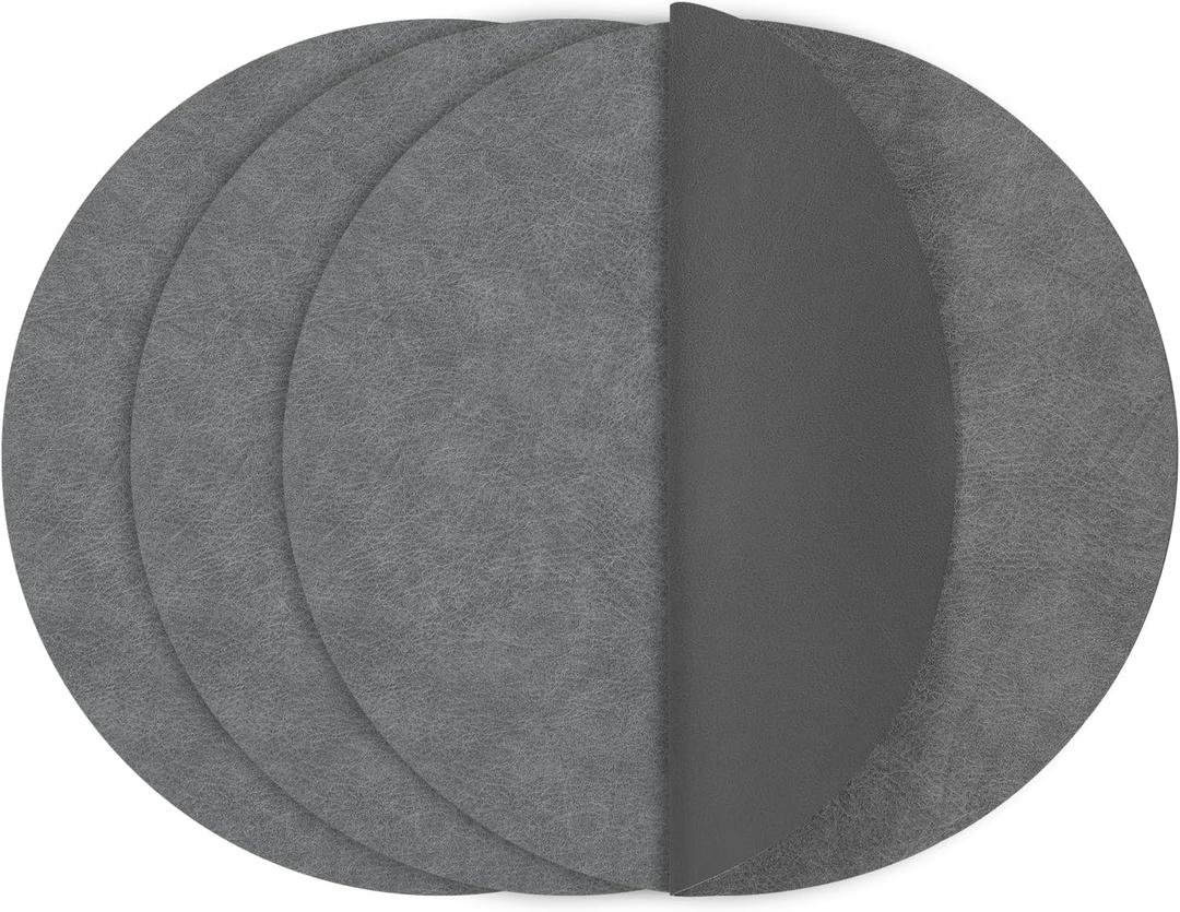 Round Placemats Dual Sided, Faux Leather Place Mats Non-Slip Heat Stain Resistant Outdoor Table Mats Indoor Placemats for Kitchen Dining (Dark Gray, Set of 4)