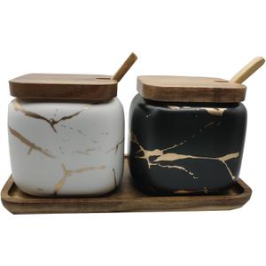 2 Sets of Marble Ceramic Sugar Bowl Ceramic Seasoning Jars with Wooden Lid and Wooden Spoon, Black and White 