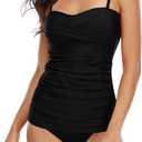 Shuangyu Two Piece Swimsuit for Women, Ruched Tummy Control Tankini Sets with Twist Front, Modest Bathing Suits for Beach (Black, S)