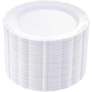 DaYammi 60PCS White Plastic Plates, Heavy Duty White Disposable Plates Premium 10inch Dinner Plates Hard Plastic Plates Disposable for Party Wedding Bridal Shower (60pcs Dinner, A White)