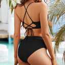 Women High Waisted Bikini Sets Criss Cross Back V Neck Bathing Suits High Cut Two Piece Swimsuits (Black, L)