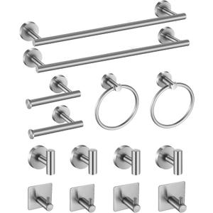 14-Piece Bathroom Hardware Set Premium Brushed Stainless Steel Towel Bar Set - 2 Towel Bars, 2 Toilet Paper Holders, 2 Towel Rings, 8 Hooks
