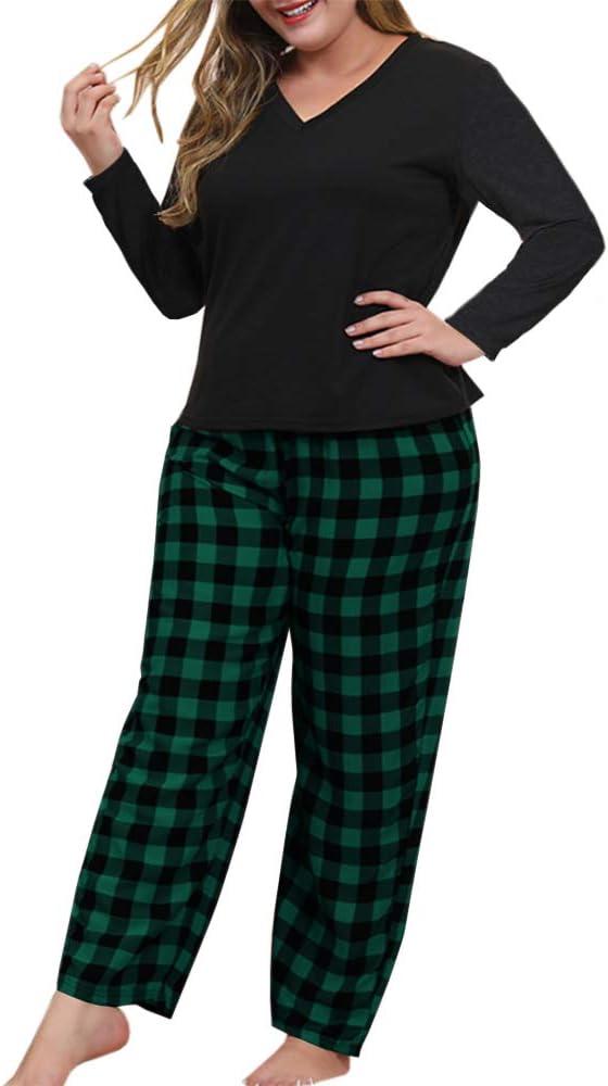 Women Plus Size Pajamas Set Plaid Lounge Pants V-Neck Short Sleeve Cotton T Shirt 2 Piece Sleepwear (XX-Large, Green)