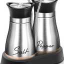 Salt and Pepper Shakers Set with Holder,4 oz Stainless Steel Salt Shaker with Glass Bottom Kitchen Gadgets for Counter Modern Decor Table,RV,Camp,BBQ Refillable Design (Silver)