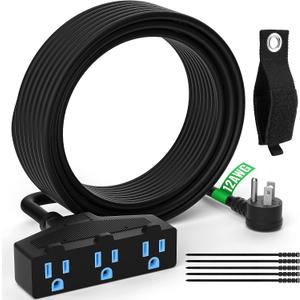 Outdoor Extension Cord 35 Ft with 3 Outlets, 12/3 SJTW 3 Prong Grounded Power Cord, 12 Gauge 12AWG Heavy Duty Power Cable, ETL Listed, 15 Amp 125 V 1875 W-Multiple Outlets for Indoor/Outdoor-Black