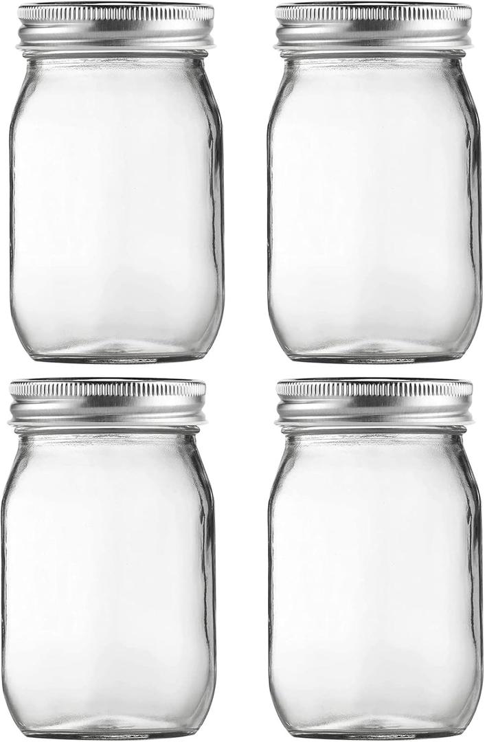 BEWAVE Glass Mason Jars, 16oz Clear Glass Jars with Lids for Sealing, Regular Mouth Canning Jars for Food Storage, Snacks, Candies, DIY Projects, 4 Pack