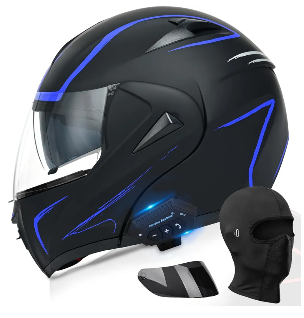 Motorcycle Bluetooth Modular Helmet, DOT Approved Dual Visor Full Face Flip Up Bluetooth Integrated Motorcycle Helmet for Adults Men and Women