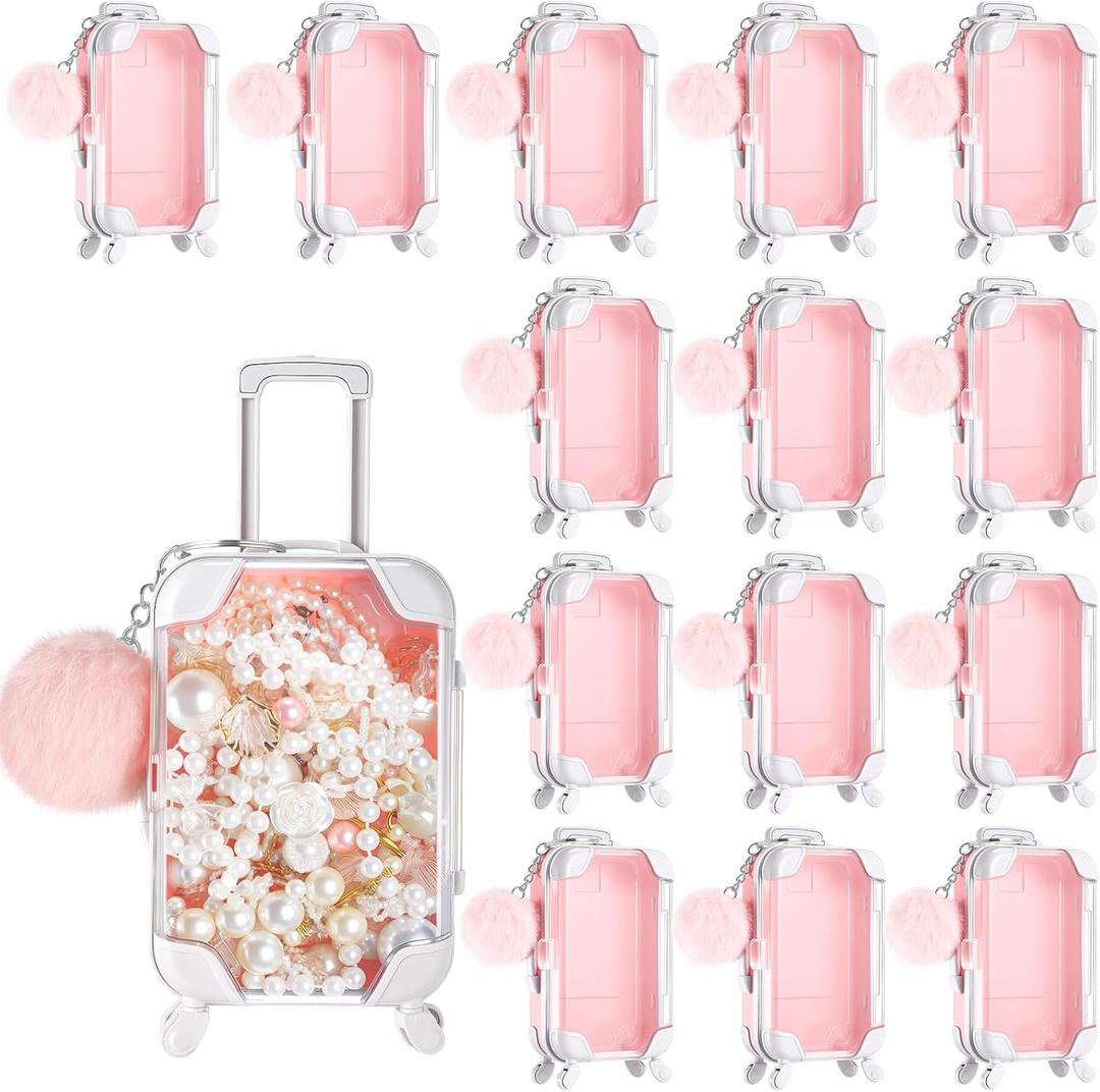 30 Pcs Mini Suitcase Empty Storage Box and Plush Ball Keychain Candy Luggage Containers Packaging Case for Bridal Shower Baby Shower Party Favors Travel Gifts (Pink)