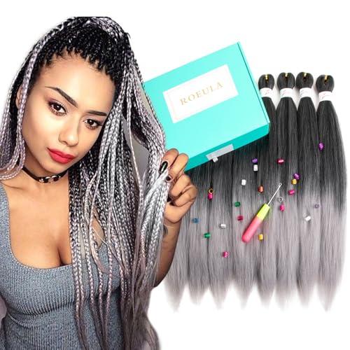 Roeula T1B/Grey Pre Stretched Braiding Hair 20 Inch 8 Packs Ombre Off Black to Silver Grey Braiding Hair Pre Stretched Professional Prestretched Synthetic Braids (T1B/Grey, 20 Inch (pack of 8))