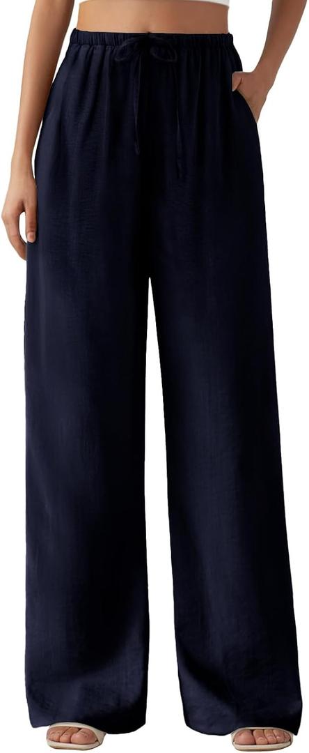 Feiersi Women's Casual Pants Drawstring Elastic Waist Pants Flowy Wide Leg Beach Trousers with Pockets(Navy Blue, Large)