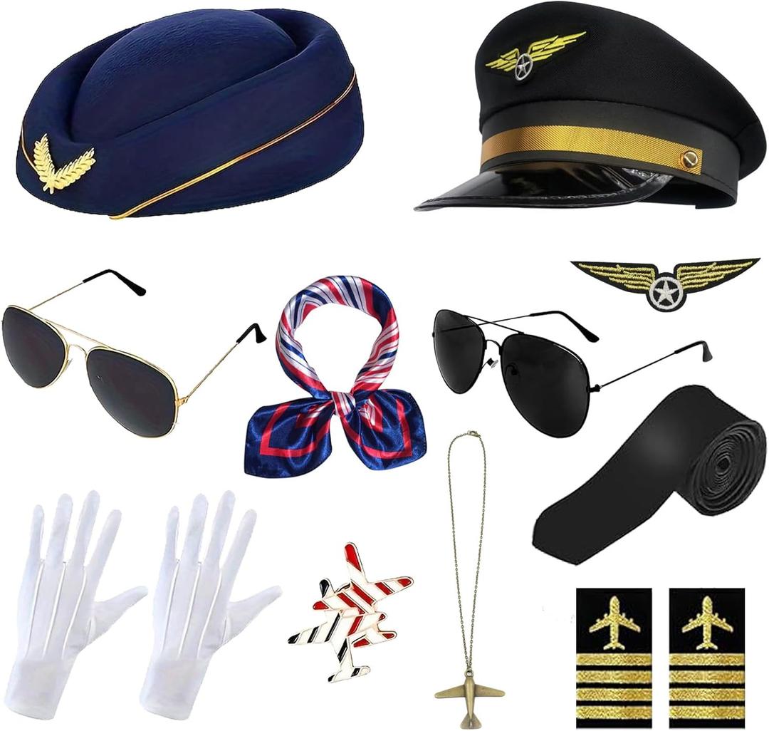 11 Pcs/2 Set Airline Pilot Captain Costumes Flight Attendant Accessories with Hat Sunglasses Scarf for Adult Dress Up Halloween Cosplay Party