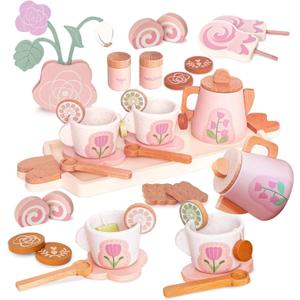 24-Piece Wooden Tea and Dessert Set for Girls Party Dinette Toy Girl 3 4 5 Years Old Kitchen Accessory Toddler Wooden Role Play Tea Party Gift Pink