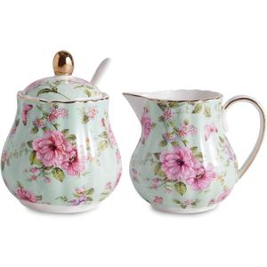 Ceramic Sugar and Creamer Set, 3 Piece Set with Cream Pitcher, Sugar Bowl, Sugar Set with Lid and Spoon (Green)