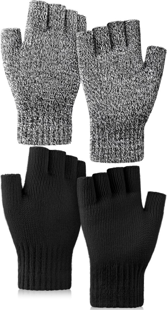 Glooarm 2 Pairs Fingerless Gloves for Women Men Winter Thick Caremere Warm Knit Stretchy Unisex Adults (M)