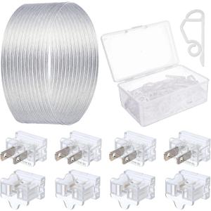 109 Pcs SPT-2 50FT Christmas Electrical Wire with Female and Male Vampire Plugs & Light Clip Weatherproof 18awg 2-Conductor Wire for Christmas LED Lighting Holiday Party Supplies (Clear)