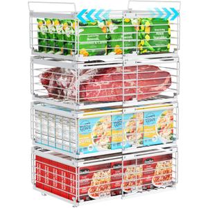 iSPECLE 4 Pack Freezer Organizer Bins, Adjustable Wire Baskets for 10 to 20 Cu.Ft Chest Freezer, Stackable Storage with Handles, Deep Freeze Organizer for Meat & Vegetables, White