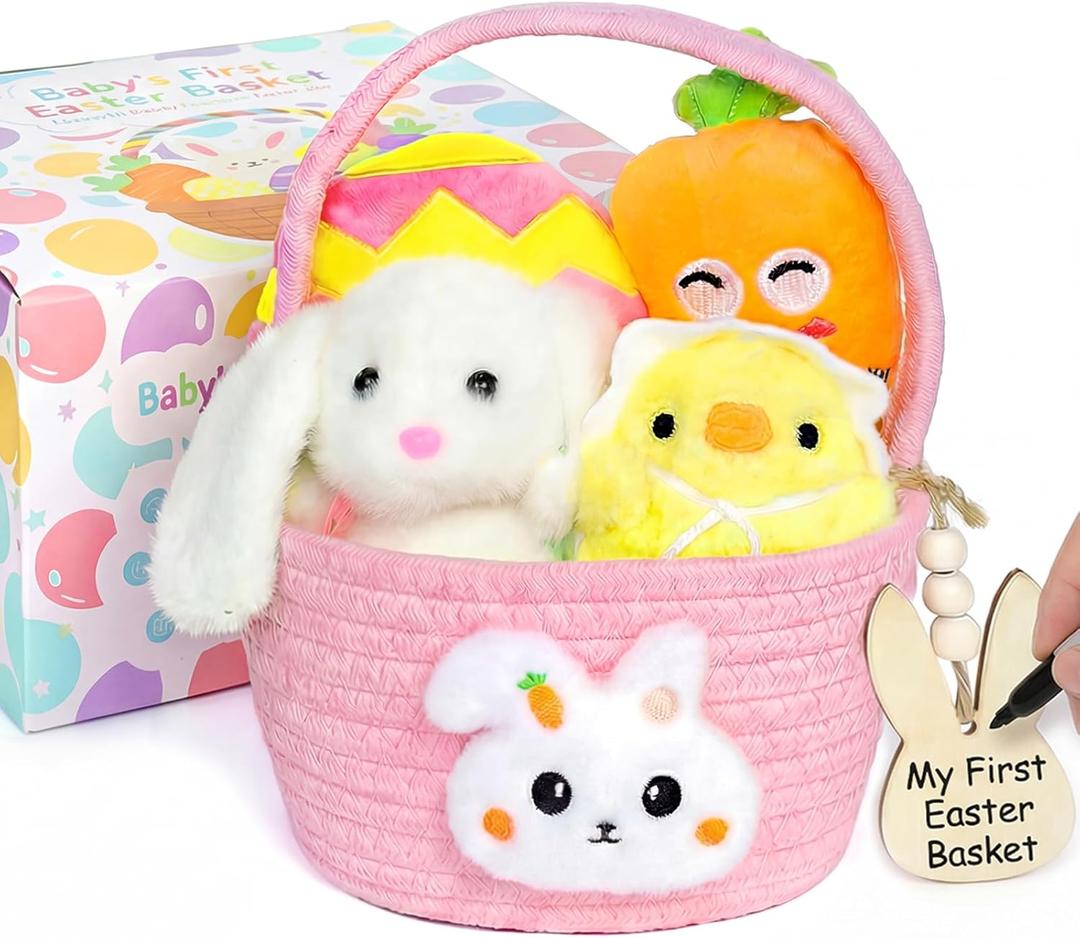 Wangchao Craft My First Easter Basket for Baby with Prefilled Plush Bunny Egg Chick Carrot 6 Pcs Stuffed Easter Basket for Girl Boys Infant Kids, Easter Party Supplies Favor Set, Pink