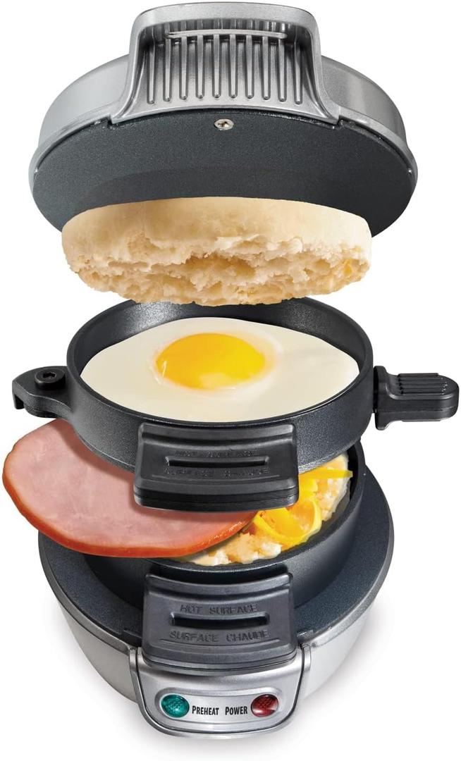 Hamilton Beach Breakfast Sandwich Maker with Egg Cooker Ring, Customize Ingredients, Perfect for English Muffins, Croissants, Mini Waffles, Perfect White Elephant Gifts, Silver (25475) (Single)