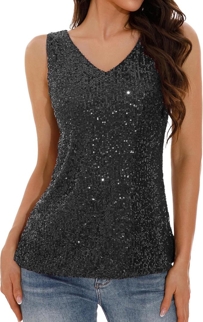 GUANYY Women's Sequin Tank Tops V Neck Sleeveless Sparkly Dressy Blouse Loose Fit Glitter Party Club Outfits (Medium, Black)