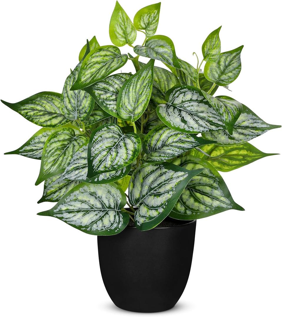14.5" Artificial Plants Indoor Home Decor, Fake Potted Silk Plants for Shelves Living Room Decorative, Small Artificial Office Desk Plant in Pots, Faux Potted Greenery Tropical House Plant (#Green Mix White)
