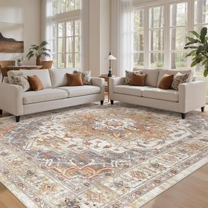 befbee 9x12 Area Rugs for Living Room,Ultra-Thin Washable Rug, Non-Slip Lightweight Foldable Area Rug, Stain Resistant Vintage Large Rugs(Turmeric/Grey, 9'x12')