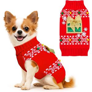 BAEJMJK Dog Christmas Sweater Striped Xmas Holiday Dog Clothes Warm Turtleneck Pet Puppy Outfits Costume Fall Winter Knit Pullover for Dogs(Red Present,Small)