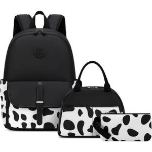 Sunborls Cute Cow Print Teen Girls Backpack with Lunch Bag Pencil Bag Set Back To School Gift Bookbag Casual Daypack Travel Laptop Backpack (Black)