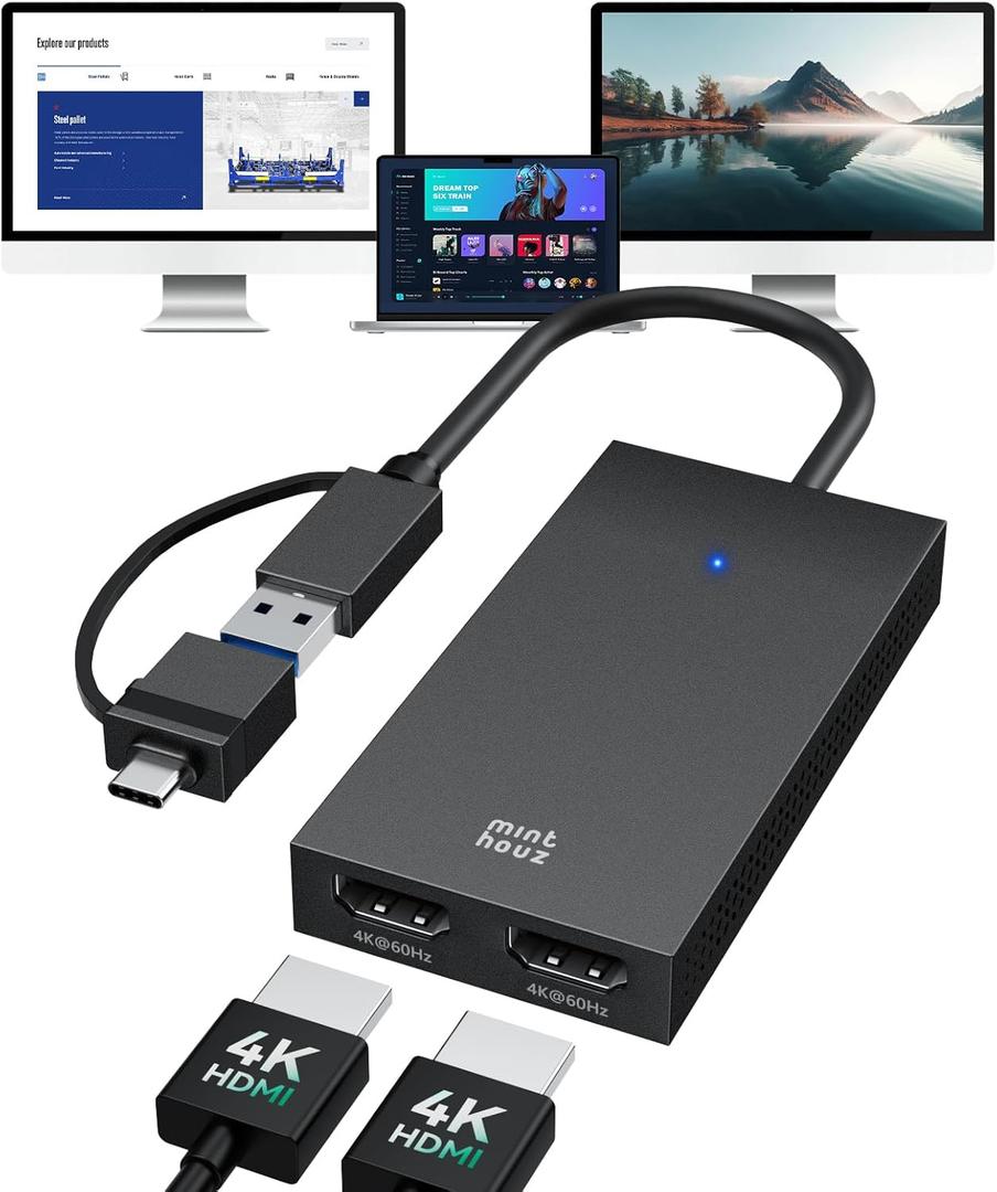 Minthouz 4K HDMI Splitter for Dual Monitors, DisplayLink Certified Dual Monitor Splitter, USB 3.1 to HDMI Adapter for Windows 10/11 & MacBook M1/M2/M3/M4, Support for Dell/HP/Lenovo/Surface Laptops