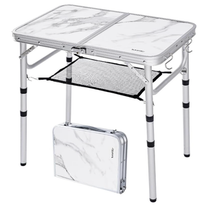 YUFIFAIRY Small Folding Camping Table, 2ft Portable Table with 3 Adjustable Heights, Aluminum Lightweight Foldable Picnic Table with Mesh Layer and Extension Legs for RV, BBQ and Indoor